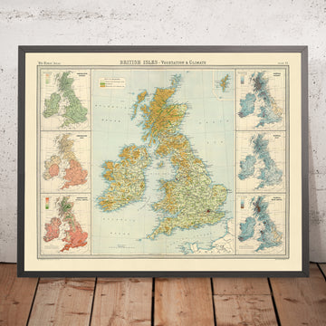 Mapa antiguo de las Islas Británicas Temperatura y Lluvias por Bartholomew, 1922: Vegetación, Ferrocarriles, Clima 