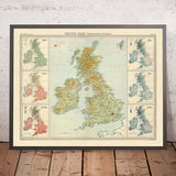 Ancienne carte des îles britanniques de la température et des précipitations par Bartholomew, 1922 : Végétation, chemins de fer, climat 