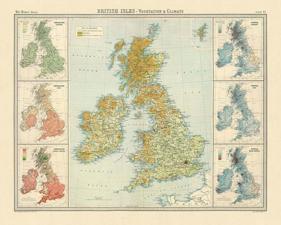 Mappa Antica delle Isole Britanniche Temperatura e Precipitazioni di Bartholomew, 1922: Vegetazione, Ferrovie, Clima 