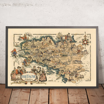 Old Map of Brittany, France by Jacques Liozu, 1951: Rennes, Nantes, Brest, Quimper, Saint-Malo