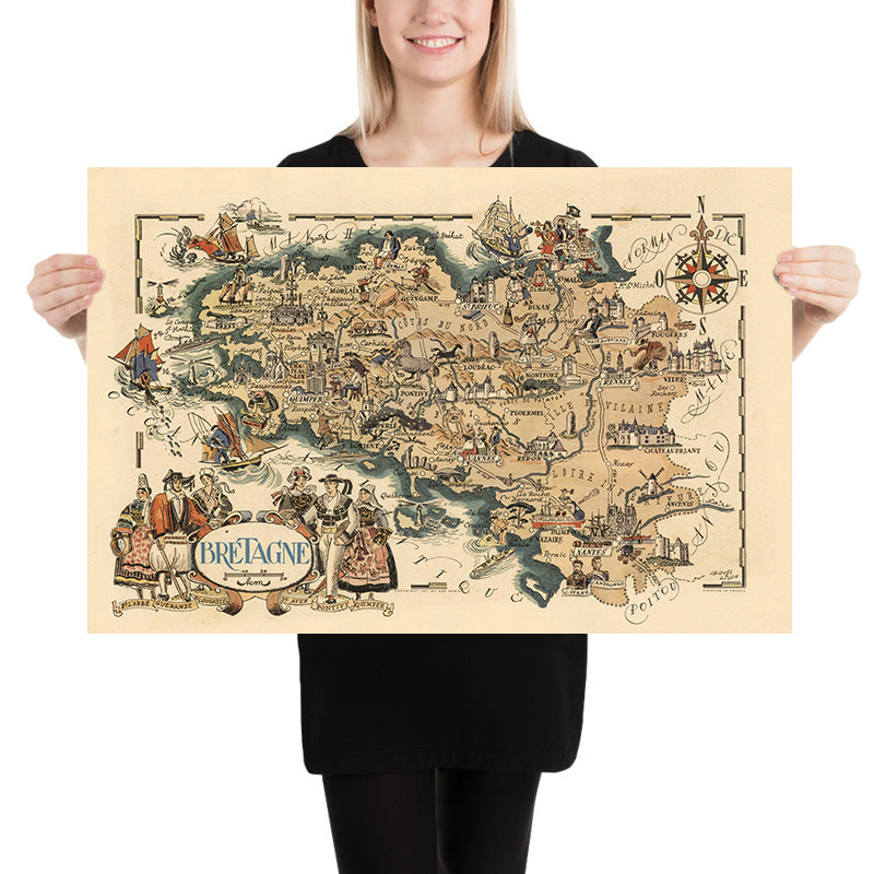 Mappa antica della Bretagna, Francia di Jacques Liozu, 1951: Rennes, Nantes, Brest, Quimper, Saint-Malo 