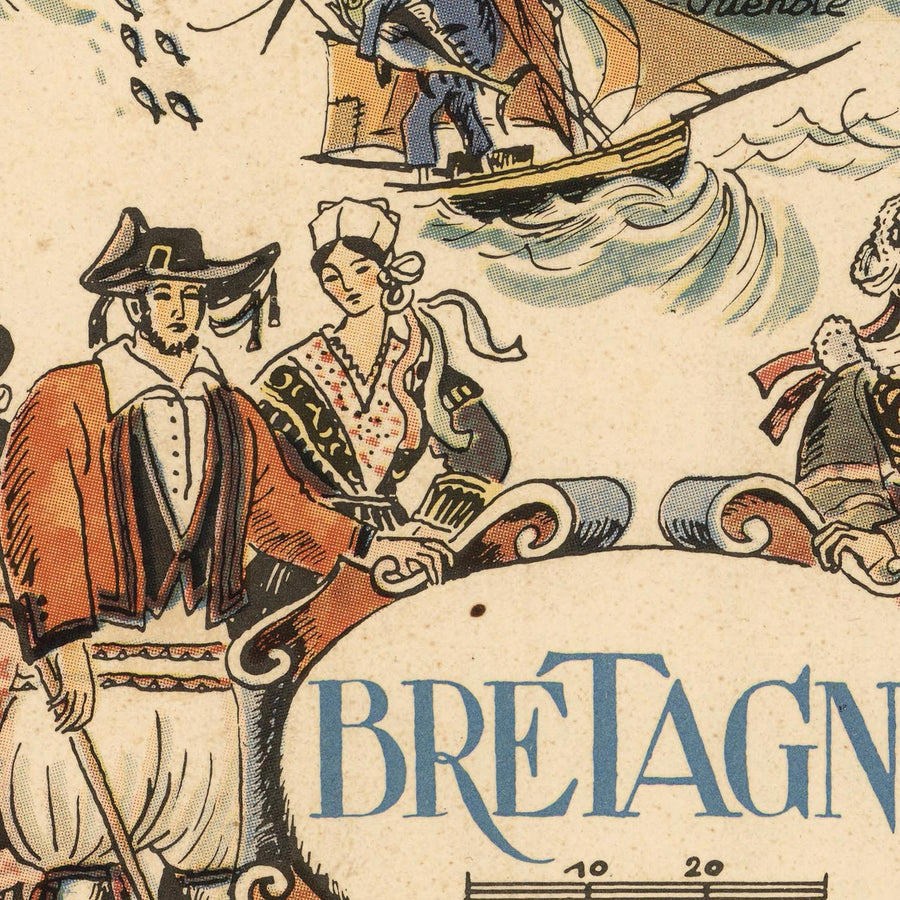 Mappa antica della Bretagna, Francia di Jacques Liozu, 1951: Rennes, Nantes, Brest, Quimper, Saint-Malo 