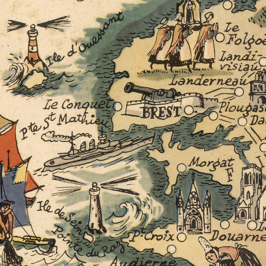 Mappa antica della Bretagna, Francia di Jacques Liozu, 1951: Rennes, Nantes, Brest, Quimper, Saint-Malo 