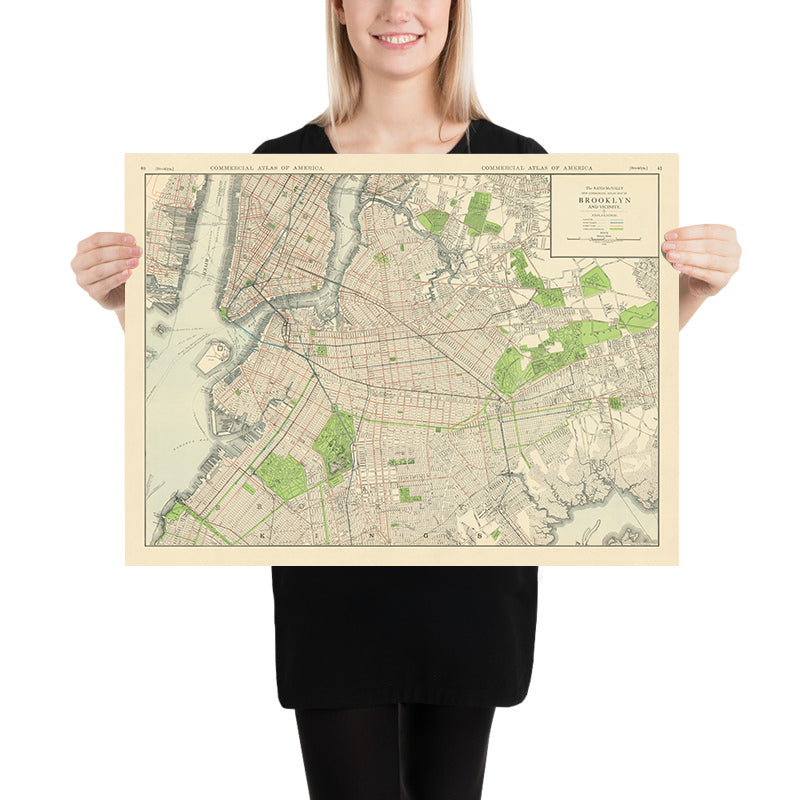 Vecchia mappa di Brooklyn di Rand McNally, 1912: linee di trasporto elevato e rapido, tram, Prospect Park, Brooklyn Bridge 