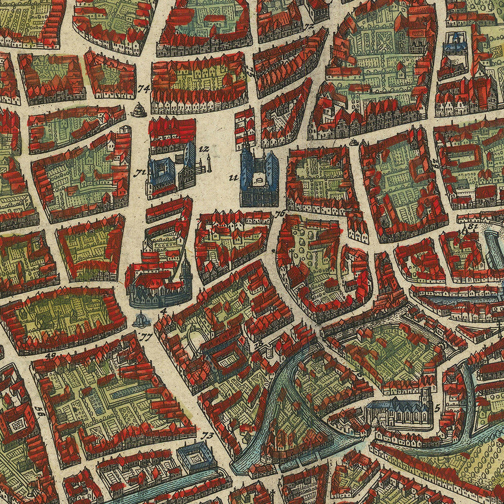 Mapa antiguo de Bruselas a vista de pájaro realizado por Blaeu, 1649: fortificaciones, iglesias, edificios públicos, barrios y jardines