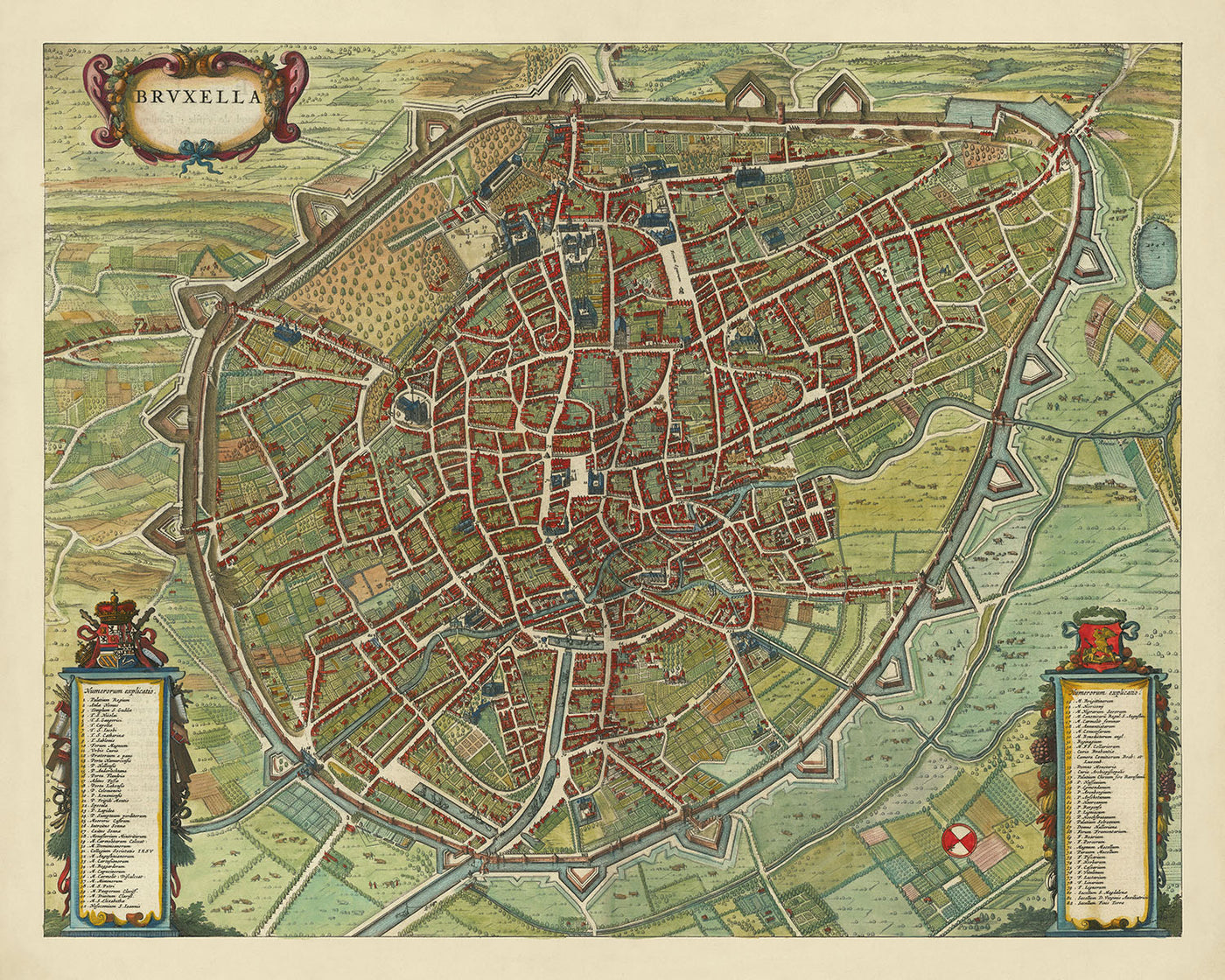 Carte ancienne de Bruxelles à vol d'oiseau par Blaeu, 1649 : Fortifications, Églises, Bâtiments publics, Quartiers, Jardins