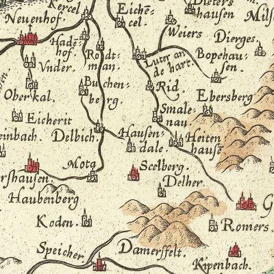 Carte ancienne de la Hesse par Ortelius, 1574 : Fulda, Würzburg, rivières, montagnes, cartouche