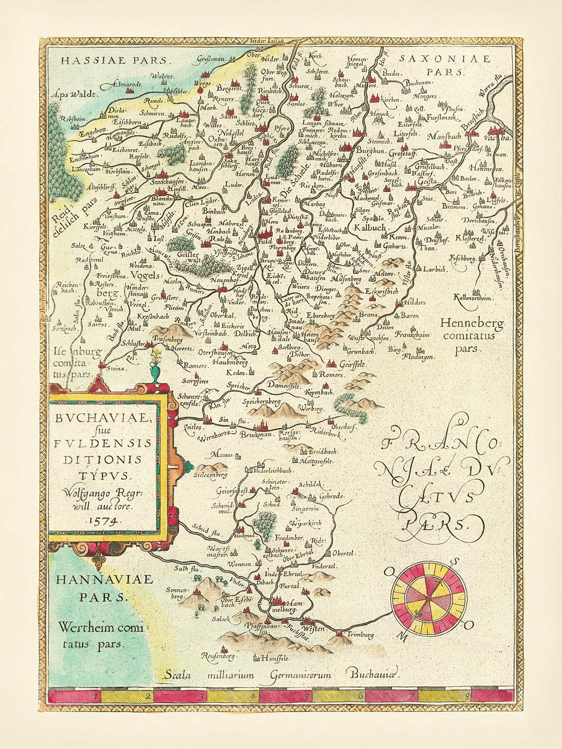 Mapa antiguo de Hesse de Ortelius, 1574: Fulda, Würzburg, ríos, montañas, cartuchos