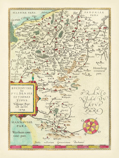 Alte Karte von Hessen von Ortelius, 1574: Fulda, Würzburg, Flüsse, Berge, Kartusche 