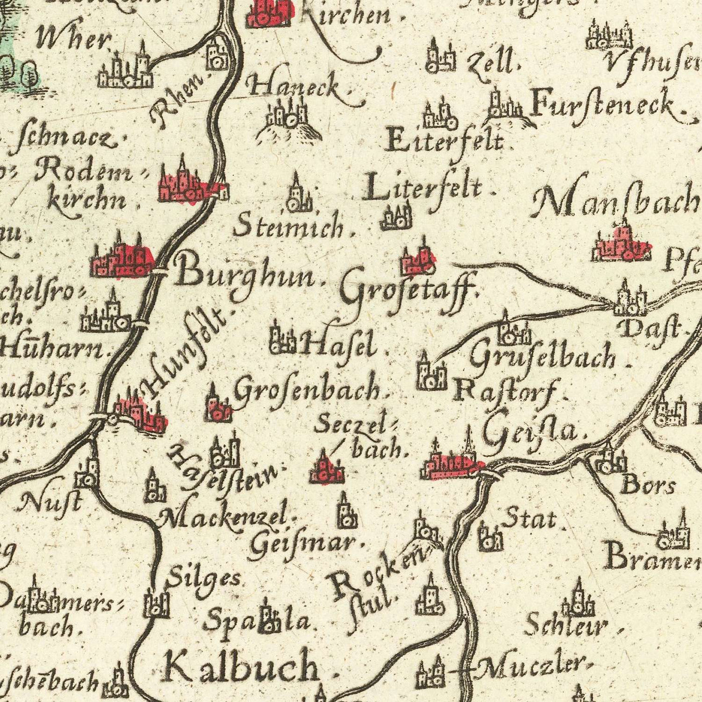 Alte Karte von Hessen von Ortelius, 1574: Fulda, Würzburg, Flüsse, Berge, Kartusche 