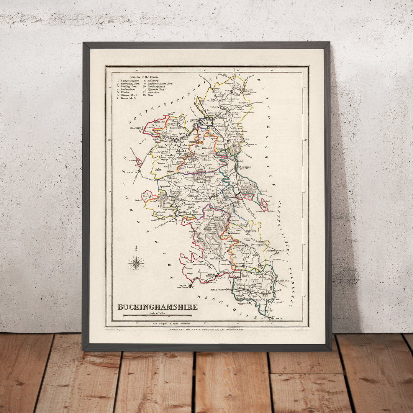 Alte Karte von Buckinghamshire von Samuel Lewis, 1844: Aylesbury, High Wycombe, Milton Keynes, Marlow, Amersham, Chesham 