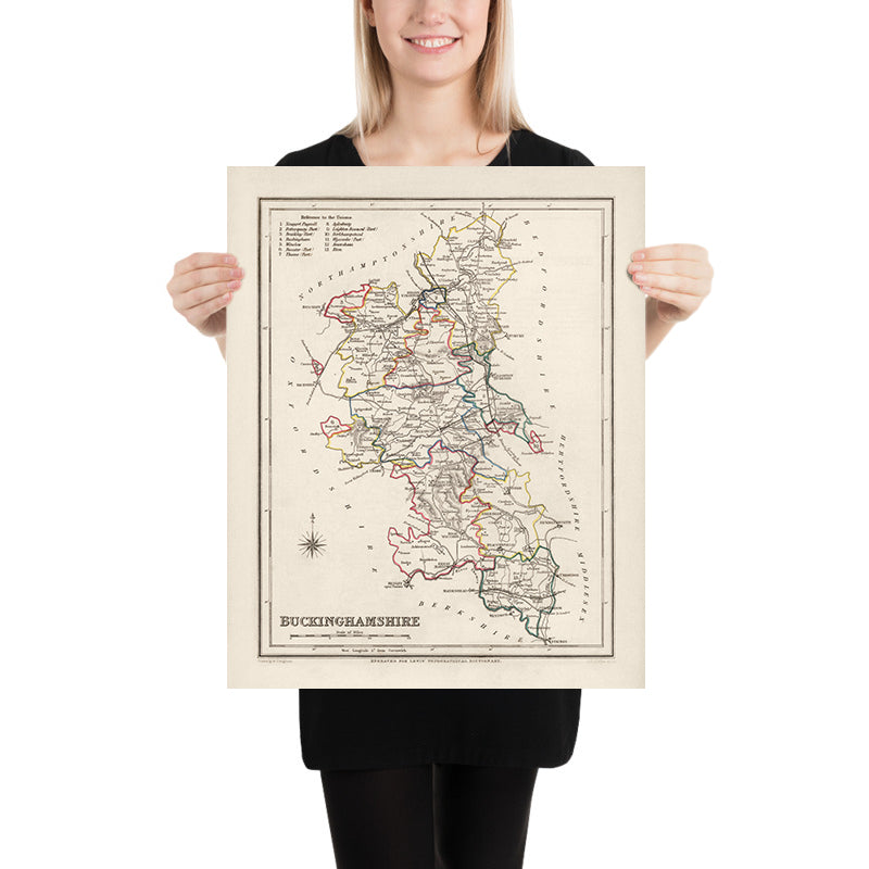 Alte Karte von Buckinghamshire von Samuel Lewis, 1844: Aylesbury, High Wycombe, Milton Keynes, Marlow, Amersham, Chesham 