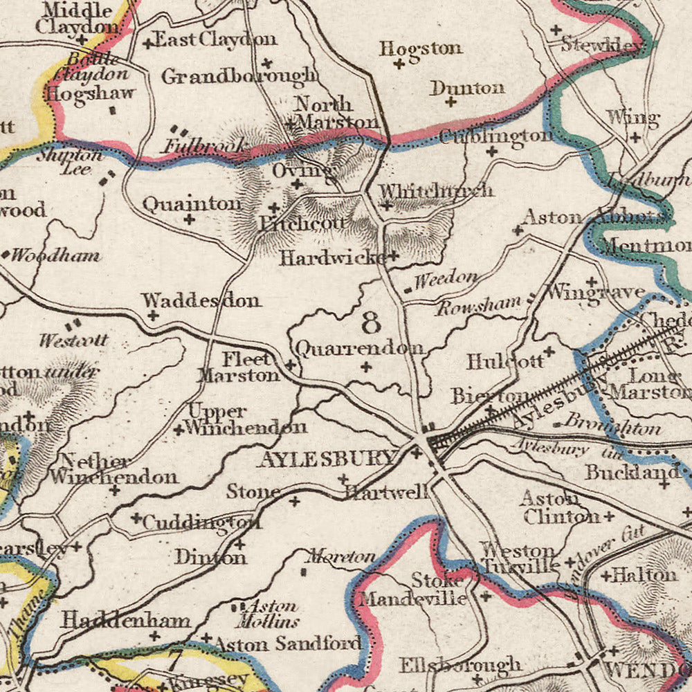 Alte Karte von Buckinghamshire von Samuel Lewis, 1844: Aylesbury, High Wycombe, Milton Keynes, Marlow, Amersham, Chesham 