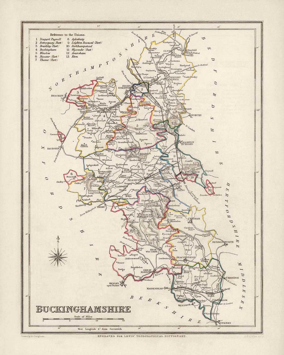 Alte Karte von Buckinghamshire von Samuel Lewis, 1844: Aylesbury, High Wycombe, Milton Keynes, Marlow, Amersham, Chesham 