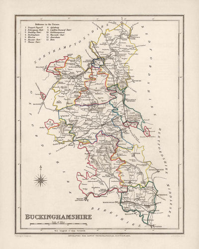Alte Karte von Buckinghamshire von Samuel Lewis, 1844: Aylesbury, High Wycombe, Milton Keynes, Marlow, Amersham, Chesham 