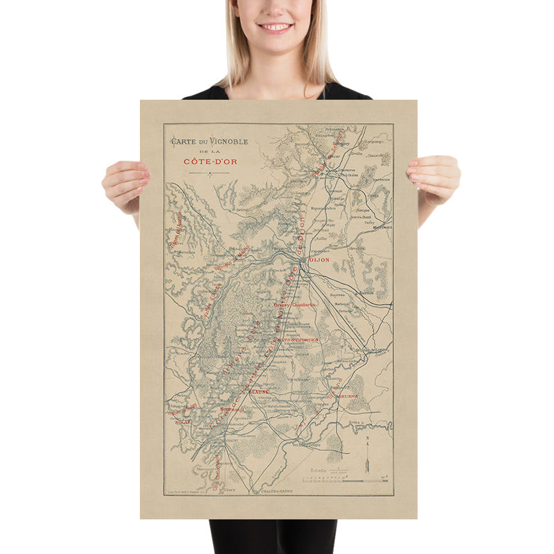 Ancienne carte de Bourgogne par Jouffroy, 1895 : Dijon, Beaune, Vignobles, Saône, Chemins de fer