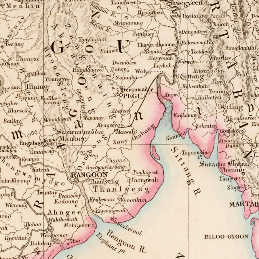 Mappa antica della Birmania (Myanmar) di Arrowsmith, 1857: Irrawaddy, Salween, Yangon, Mandalay, Monti Arakan 