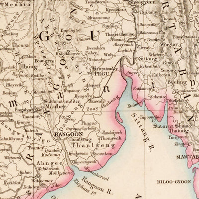 Mapa antiguo de Myanmar de Arrowsmith, 1857: Irrawaddy, Salween, Yangon, Mandalay y montañas Arakan