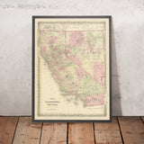 Old Map of California & Nevada by J.H. Colton, 1875: San Francisco, Sacramento, Los Angeles, Carson City, and Virginia City