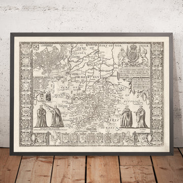Mapa antiguo de Cambridgeshire, 1611 de John Speed ​​- Cambridge, Peterborough, Wisbech