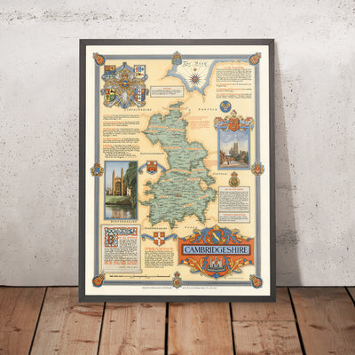 Mapa ilustrado antiguo de Cambridgeshire, realizado por Clegg, 1947: Cambridge, Ely, Segunda Guerra Mundial, King's College, See of Ely