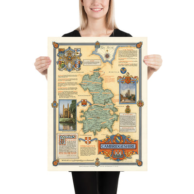 Mapa ilustrado antiguo de Cambridgeshire, realizado por Clegg, 1947: Cambridge, Ely, Segunda Guerra Mundial, King's College, See of Ely