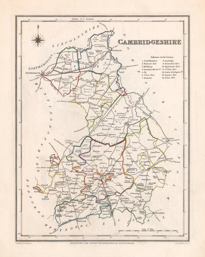 Alte Karte von Cambridgeshire von Samuel Lewis, 1844: Ely, Wisbech, Huntingdon, St. Ives und March