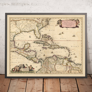 Old Map of the Caribbean, Florida & Central America by Visscher, 1690: Louisiana, Texas, Georgia, Yucatan, Bermuda Triangle
