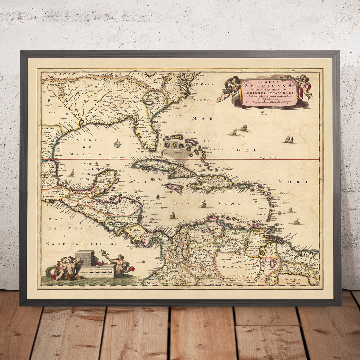 Ancienne carte des Caraïbes, de la Floride et de l'Amérique centrale par Visscher, 1690 : Louisiane, Texas, Géorgie, Yucatan, Triangle des Bermudes