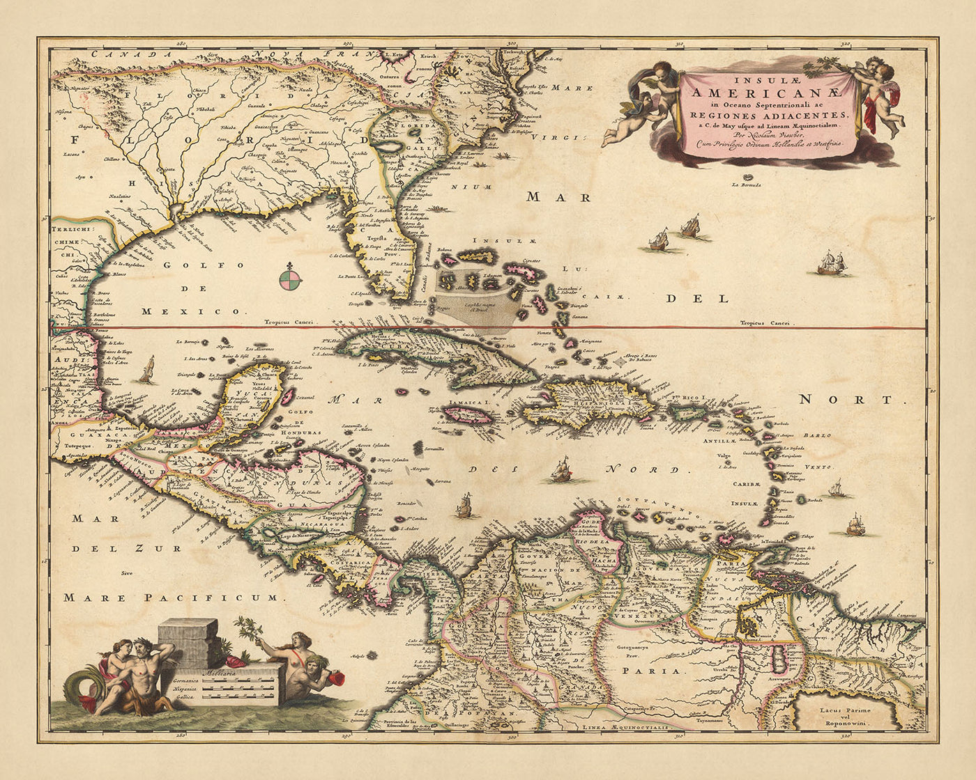 Mapa antiguo del Caribe, Florida y América Central de Visscher, 1690: Luisiana, Texas, Georgia, Yucatán, Triángulo de las Bermudas