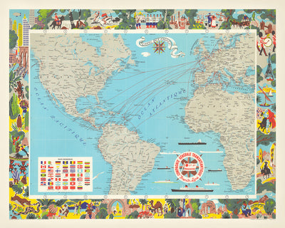 Carte ancienne de la Compagnie Générale Transatlantique par Blondel La Rougery, 1970 : routes maritimes, paquebots, scènes culturelles