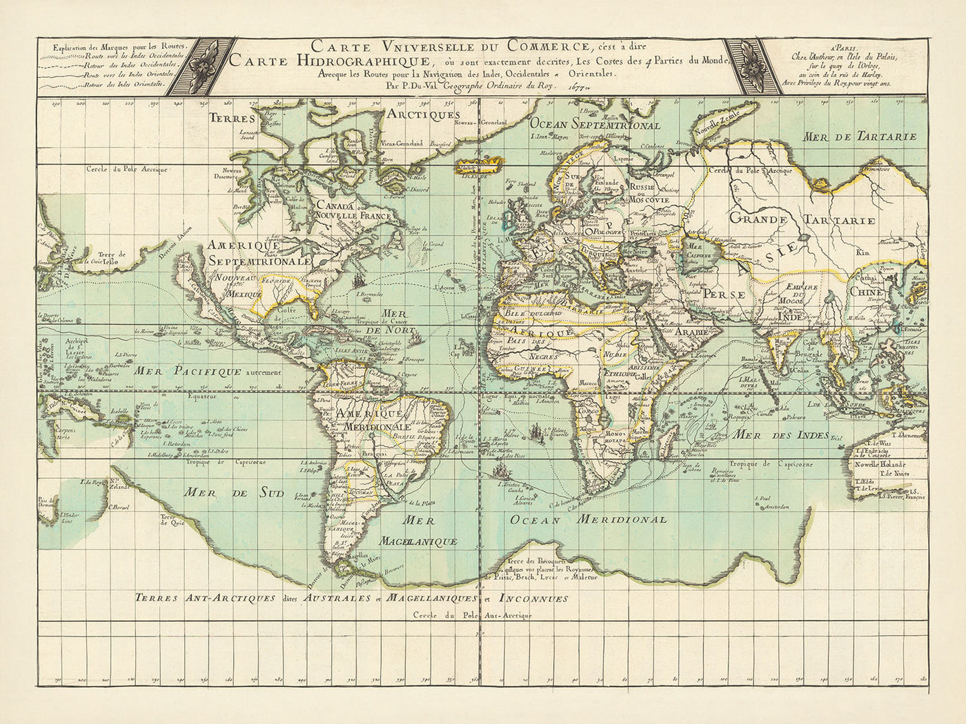 Alte Weltkarte Schifffahrt & Handel von Du Val, 1677: Kalifornien als Insel, Mythische Antarktis, Handelsrouten