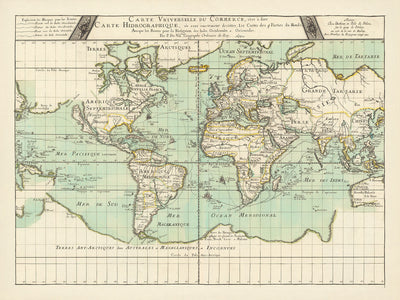 Mapa del Viejo Mundo sobre el transporte marítimo y el comercio, de Du Val, 1677: California como isla, Antártida mítica, rutas comerciales