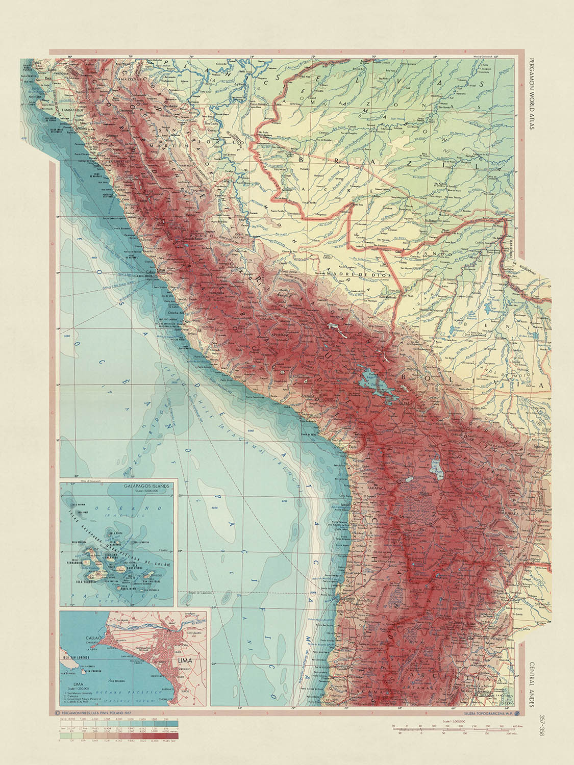 Alte Karte der Zentralanden, 1967: Zentralanden, Galapagos-Inseln, Lima, detaillierte politische und physische Darstellung, Peru