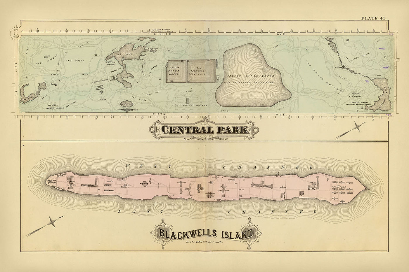 Ancienne carte de New York par Bromley, 1879 : Central Park, Blackwells Island, le lac, l'étang, Harlem Meer