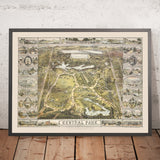 Ancienne carte de Central Park, New York par Bachmann, 1863 : Fontaine Bethesda, Sheep Meadow, The Ramble, Cherry Hill