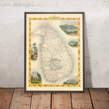 Antigua mapa de Sri Lanka por Tallis y Rapkin, 1851: Ceilán, Colombo, Kandy, Templo del Buda, Ruinas de Dagora 