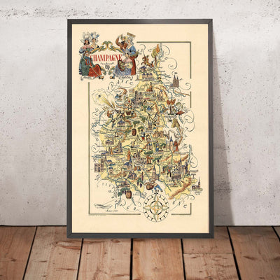 Ancienne carte picturale du Champagne par Liozu, 1951 : Reims, Troyes, Marne, forêt des Ardennes, forêt d'Argonne.