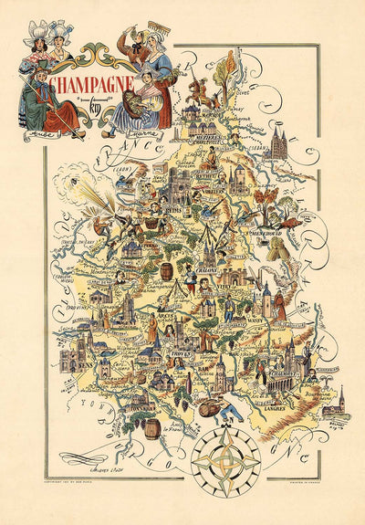 Antiguo mapa pictórico de Champaña de Liozu, 1951: Reims, Troyes, río Marne, bosque de las Ardenas, bosque de Argonne.