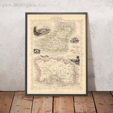 Mappa antica delle Isole del Canale (Jersey e Guernsey) di Tallis & Rapkin 1851: St Helier, St Peter Port, Gorey, Castello Cornet, Castello di Elizabeth 