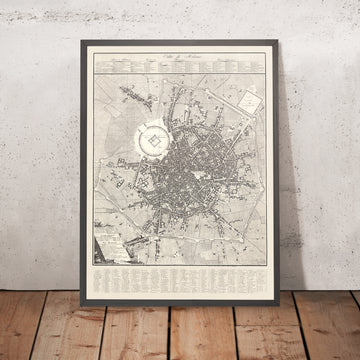 Antica mappa di Milano di Pinchetti, 1801: Foro Bonaparte, Cittadella, Canale Naviglio, Piazze 