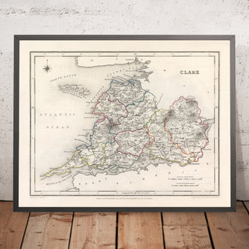 Mappa antica della Contea di Clare di Samuel Lewis, 1844: Ennis, Kilrush, Estuario dello Shannon, Penisola di Loop Head e Paesaggio del Burren 