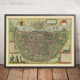 Antigua mapa Birdseye de Colonia por Braun, 1572: Catedral de Colonia, río Rin, Altstadt, Deutz, Heumarkt 