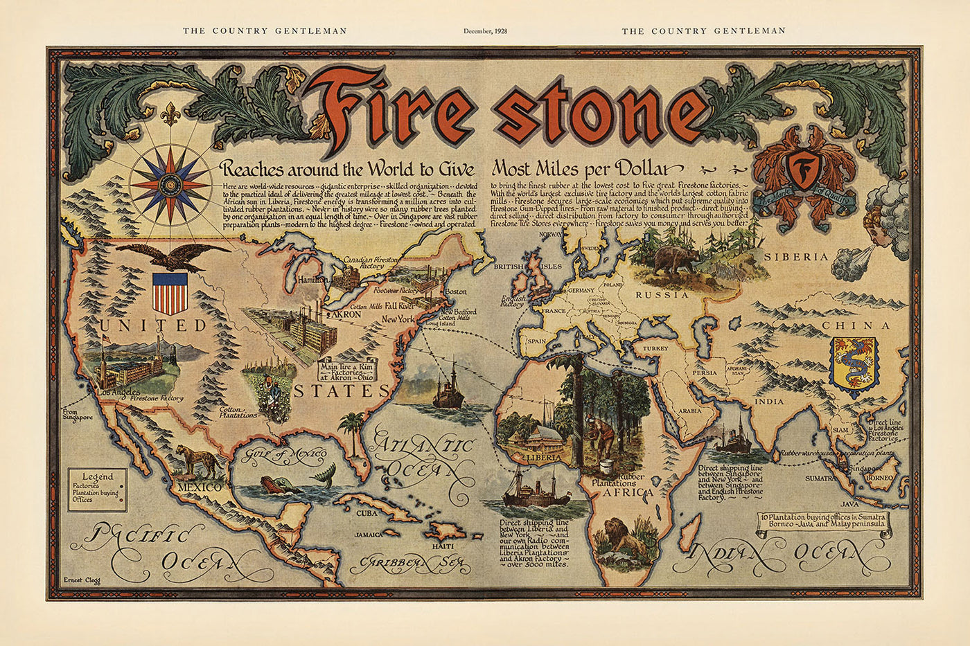 Carte du monde ancien Pneus Firestone de Clegg, 1928 : portée mondiale, style décoratif, scènes industrielles