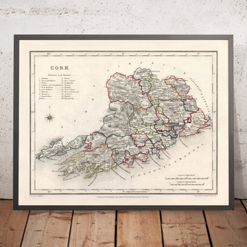 Mapa antiguo del condado de Cork por Samuel Lewis, 1844: Cobh, Kinsale, Castillo de Blarney, Casa Fota, Mizen Head