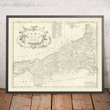Mapa antiguo de Cornwall por Robert Morden, 1722: Truro, Falmouth, Penzance, Bodmin Moor, Land's End 