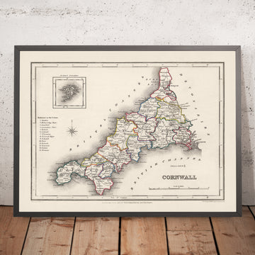 Mappa antica della Cornovaglia di Samuel Lewis, 1844: St Austell, Truro, Falmouth, Penzance e Newquay 