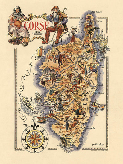 Old Pictorial Map of Corsica by Liozu, 1951: Ajaccio, Corte, Bastia, Napoleon, Mountains