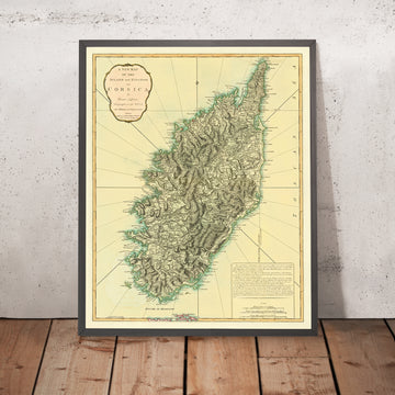 Antigua mapa de Córcega por Laurie & Whittle, 1794: Topografía, carreteras, ríos, bahías, Ajaccio, Porto-Vecchio, Bastia 