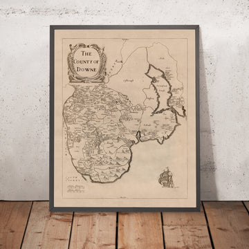Mapa antiguo del Condado de Down por Petty, 1685: Bangor, Donaghadee, Hillsborough, Montañas Mourne, Tollymore 